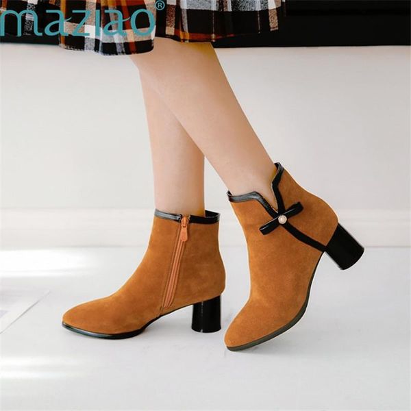 

boots winter women ankle fashion butterfly-knot round high heel pointed toe pearl zipper short maziao, Black