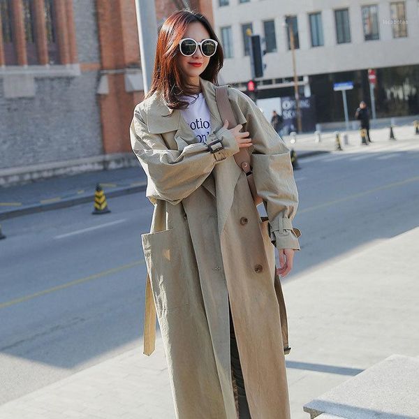 

women's trench coats 2021 turn down collar batwing sleeve loose style women long coat with belt casaco feminino abrigo mujer1, Tan;black
