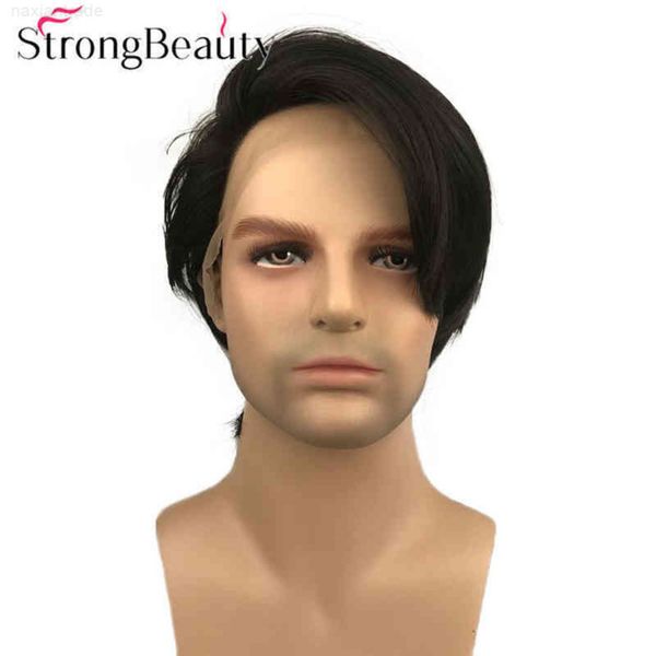 

strongbeaut wig with men's front mh, natural black synthetic hair, medium length