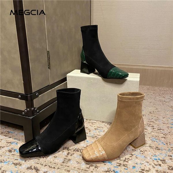 

новые ботильоны стекаются натяжных корейских сапогами квадратных ног ботинок женщины коренастых пятки смешанного цвета кожа ноги мода обувь, Black