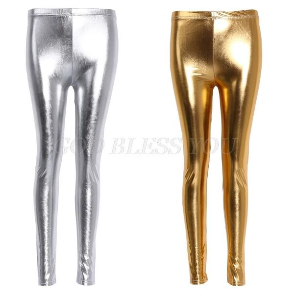 

women shiny silver gold leggings high-waisted faux leather stretch pencil pants drop shipping, White;red