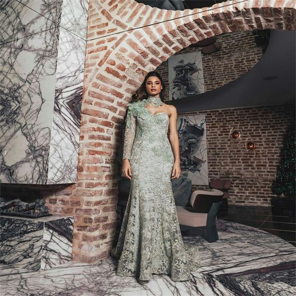 

new arrival prom dresses full appliqued lace halter mermaid evening dresses chic one sleeves formal pageant dress custom made, Black