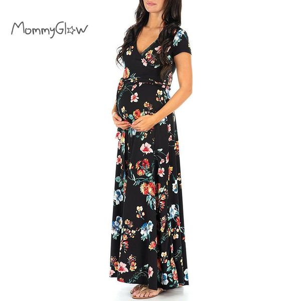 Kadın Annelik Uzun Elbise Balo Giysileri Çiçek Baskılı V Boyun Yaz Gebelik Elbise Hamile Kadınlar için Hamile Giyim LJ201114