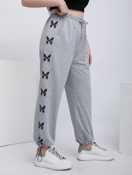 

plus butterfly print drawstring hem sweatpants p4mp#, Black