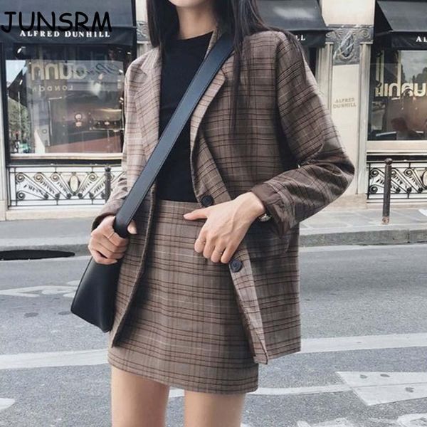 

2020 new retro plaid blazer set single-breasted jacket & pencil mini skirt 2 pieces skirt suit female office ladies blazer suit, White