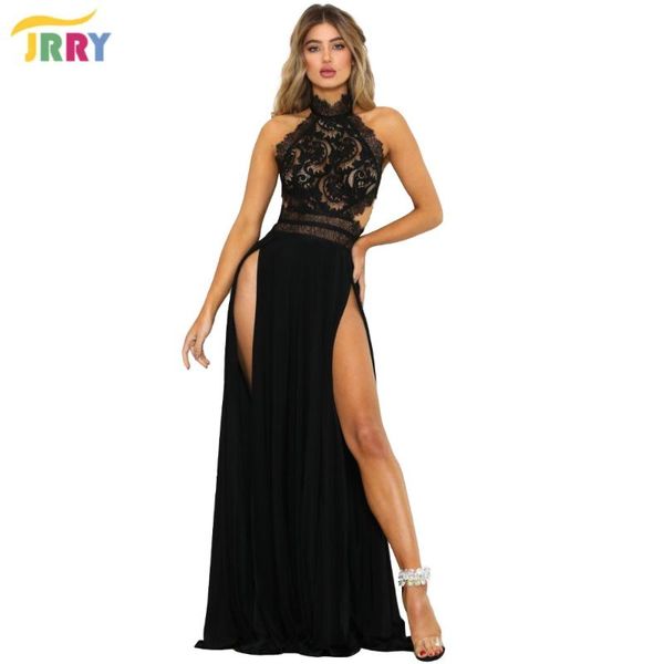 

jrry off the shoulder hollow out slit women maxi dresses halter neck sleeveless strings back long party dress vestidos, Black;gray