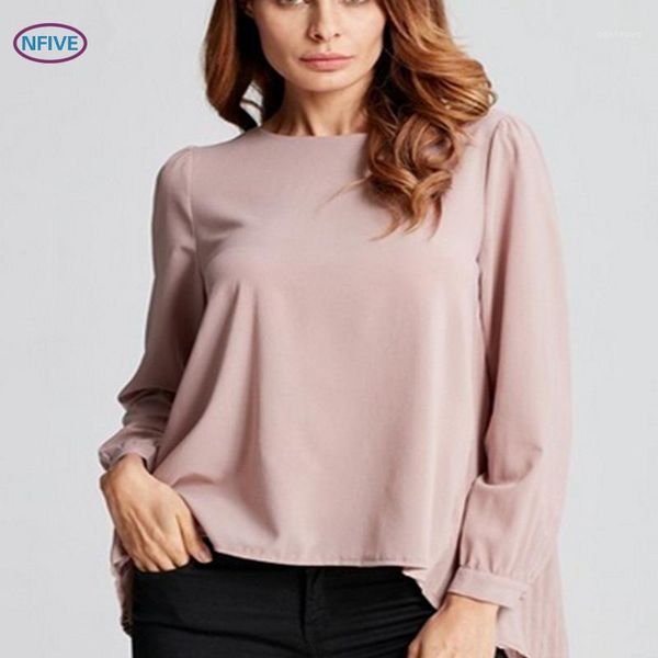 

nfive brand 2017 women thin loose blouses european autumn round collar long sleeve shirt large size solid color all-match blouse1, White