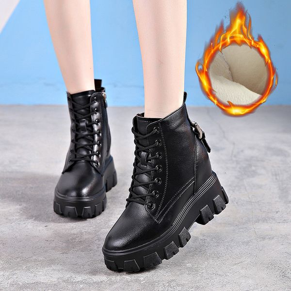 

new genuine 2021 leather chunky women's shoes autumn winter thick bottom more velvet short boots british style boot tthz, Black