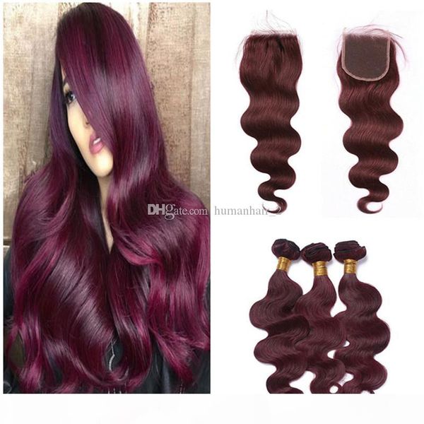

malaysian body wave human hair weaves with lace closure 99j wine red 4*4 lace closure with body wave human hair bundles, Black;brown