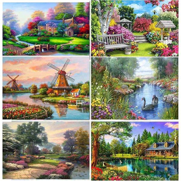 

paintings 5d diy diamond painting cross stitch house scenery needlework sets embroidery village forest landscape mosaic home decor1