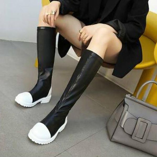

women knee high boots low heels shoes woman autumn warm pu leather slip on shoe chaussures femme zapatos mujer sapato d2087, Black