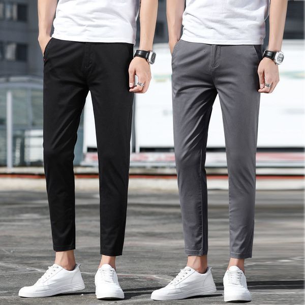 

slim little feet men's cropped casual korean trend khaki boys' autumn pants, Black