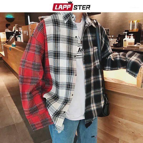 

lappster men patchwork black shirt long sleeve 2020 mens japanese streetwear hip hop shirts male black designer cotton shirt1, White;black