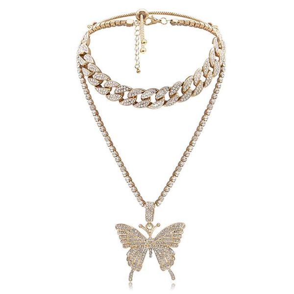 

chokers fashion women butterfly pendant necklace charm bling gold color double layer choker jewelry necklaces for, Golden;silver