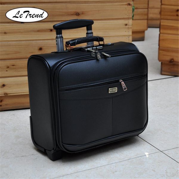 

letrend 16 inch multifunction rolling luggage pu leather suitcase wheels men women carry on trolley pilot travel bags lapbag lj201116