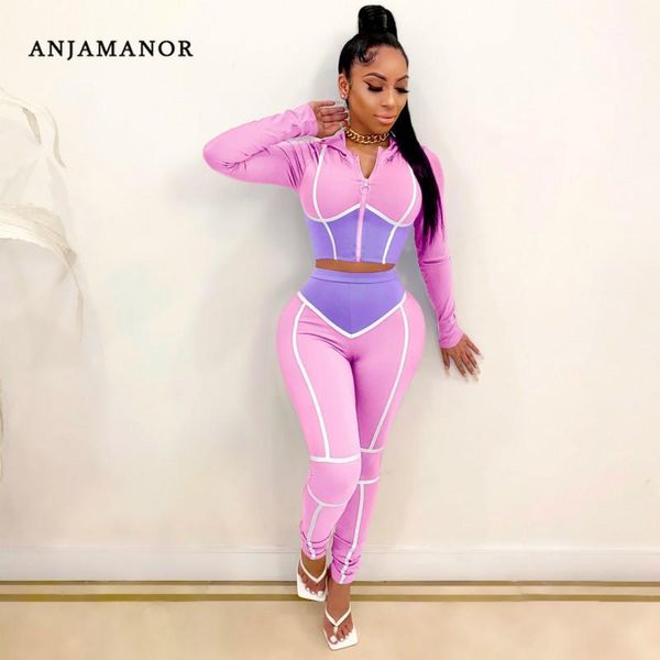

anjamanor caged color block fashion sweat suits women tracksuit zip up cropped hoodie and pants two piece matching sets d48-de421, Gray