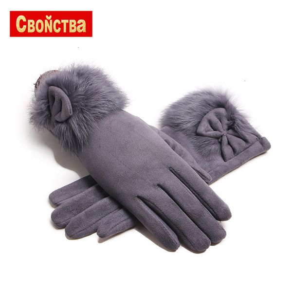

20 autumn and winter rabbit plush women's suede fashion warm touch screen riding gloves, Blue;gray
