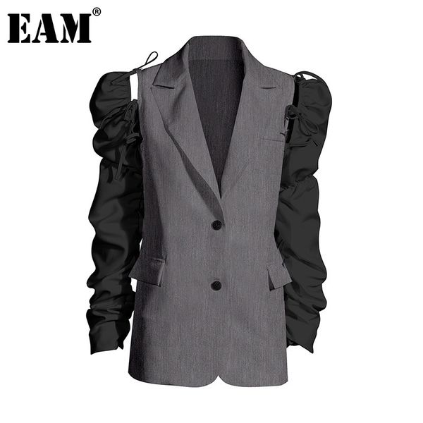

[eam] women gray pleated temperament blazer new lapel puff long sleeve loose fit jacket fashion tide spring autumn 1z598 201201, White;black