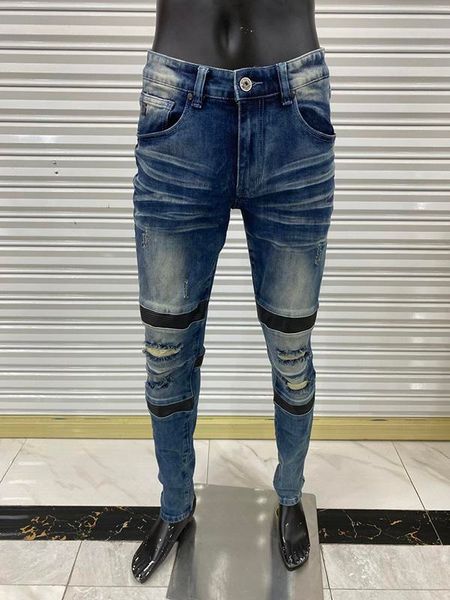 

mens pants skinny jeans light wash ripped pants long straight zipper fly motorcycle rock revival jeans joggers true religions, Blue
