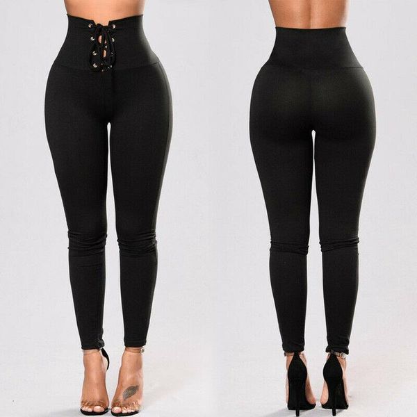

goocheer fashion casual women's high waist drawstring leggings black slim pencil trousers elastic long pants drop shipping