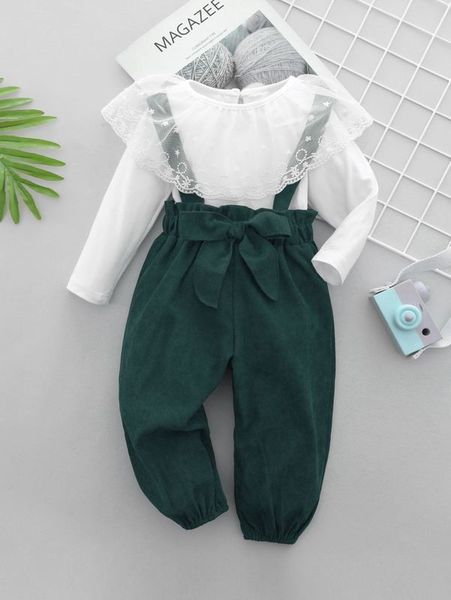 

baby contrast mesh & bow front overall pants she, White