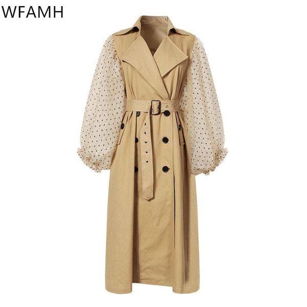 

women's trench coats spring autumn patchwork polka dot lantern sleeve coat 2021 female high waist lace up windbreaker fashion, Tan;black