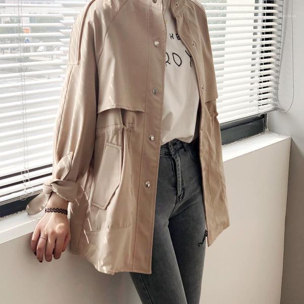 

2020 new spring trench coat for women solid trench button loose coat women casual casual streetwear casaco feminino roupa1, Tan;black