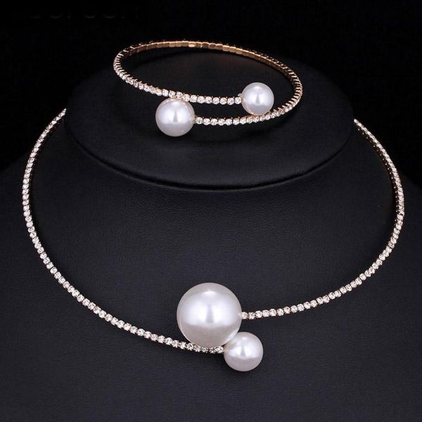 

fashion women simple simulated pearl bridal jewelry sets crystal wedding necklace+bracelet set lxh, Silver