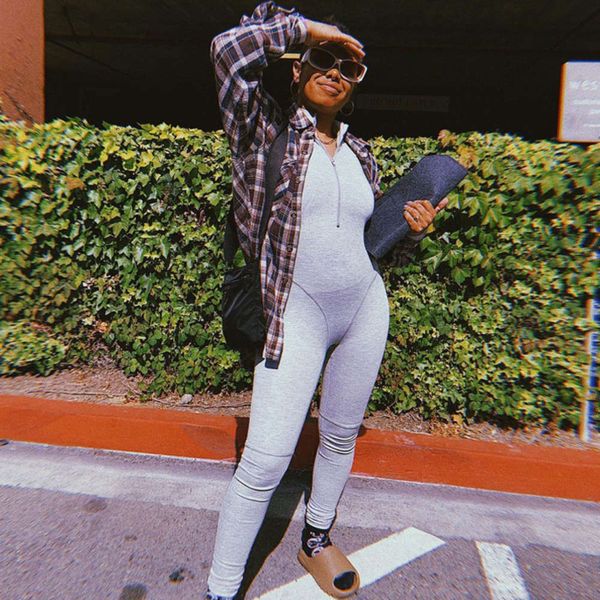 

stand new collar women's fashion high waist sports jumpsuit, Black;gray