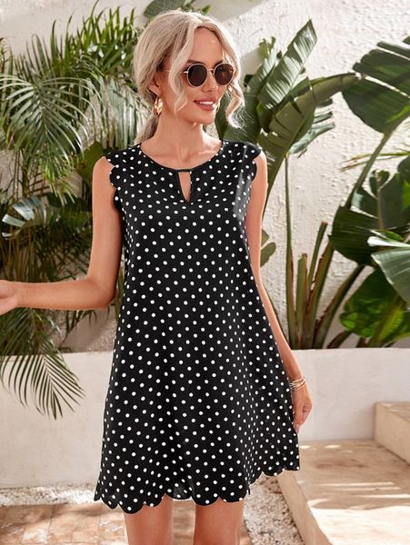 

polka dot scallop trim dress z3ch#, Black;gray