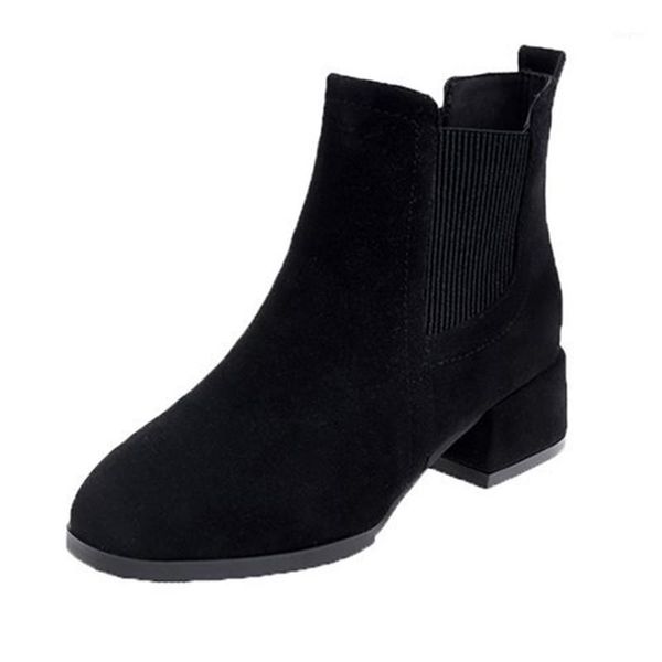 

boots 2021 fashion work women's style square heel round toe suede short medium large size 42 43 big toe1, Black