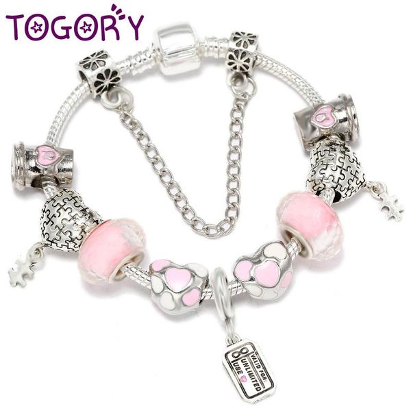 

charm bracelets togory european style love heart with pink enamel pendant fit fine bracelet for women valentine's day gift, Golden;silver