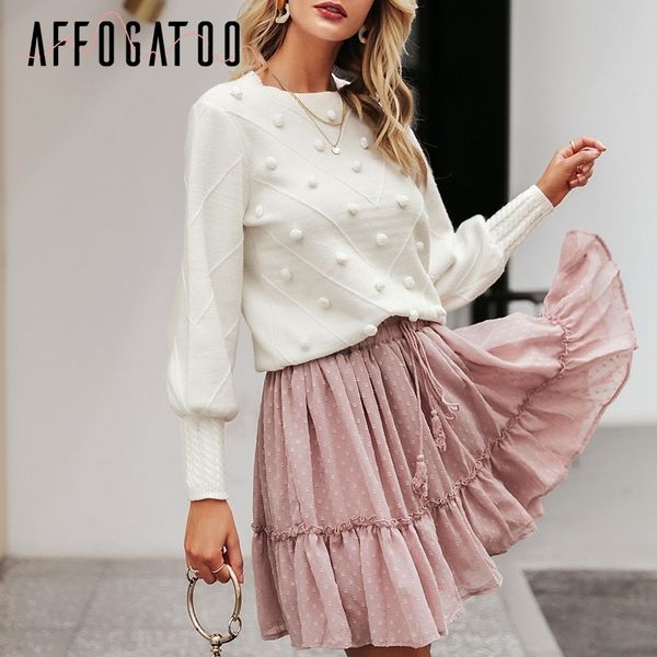 

affogatoo elegant o neck pompon women white sweater casual lantern sleeve knitted pullover female sweater ladies sweet jumpers 201030, White;black