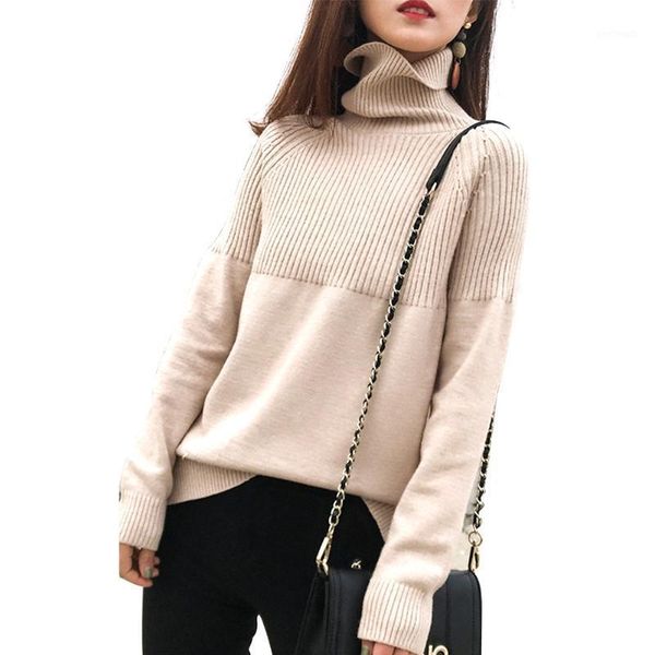 

women's sweaters casual knitted soft high collar loose rib splicing solid daily pullover long sleeves streetwear women sweater fashion1, White;black