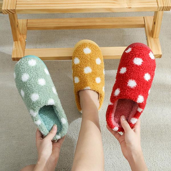 

women winter home slippers white spots shoes non-slip soft winter warm house slippers indoor bedroom lovers couples slides, Black