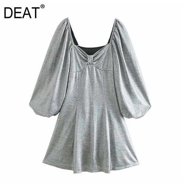 

deat] 2021 spring new fashion tide women square collar long sleeve solid color knitted a-line simple style mini dress 13w075, Black;gray