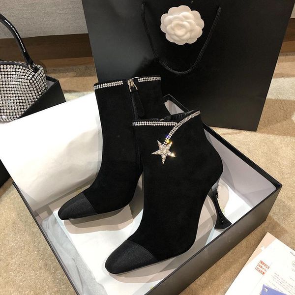 

suede leather stars women ankle boots autumn winter comfortable triangle heeled office lady shoes high heels boots women shoes, Black