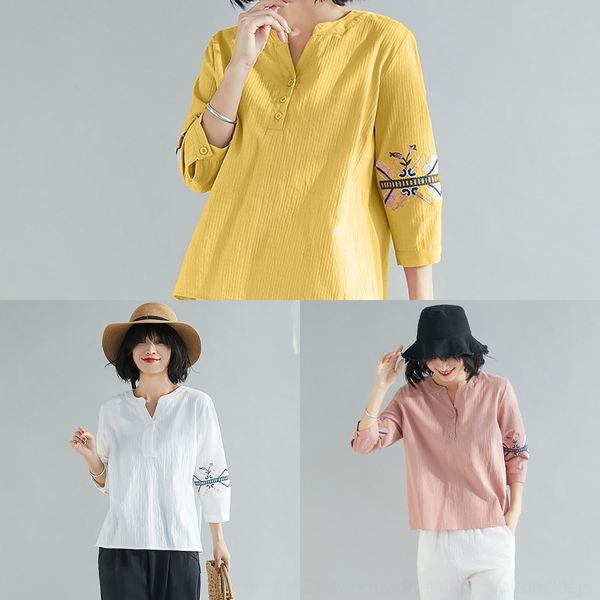 

rwej1 loose pullover v-neck cotton linen shirt women 2020 spring embroidery pullover versatile artistic summer bottoming aq8ix, White
