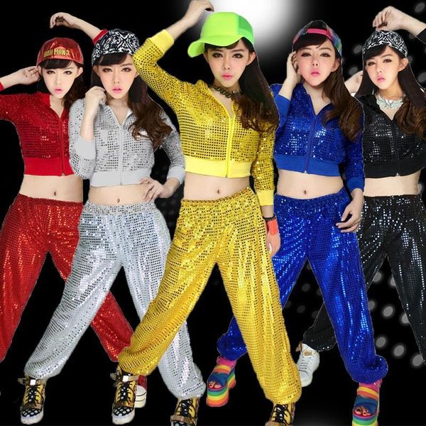 

female costumes modern dance jazz dance hip-hop clothes sequins adults performing service stage equipment jacket and pants1, Black;red
