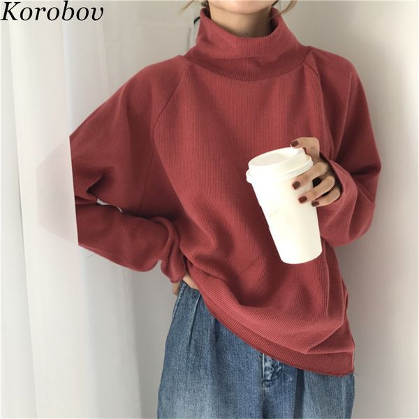 

korobov new turtleneck long sleeve women sweater solid sueter mujer loose casual sweaters korean female pullovers 75642 lj201126, White;black
