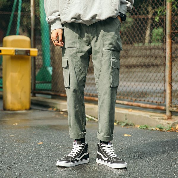 

2020 casual korean solid multi pocket overalls men's work pants, Black