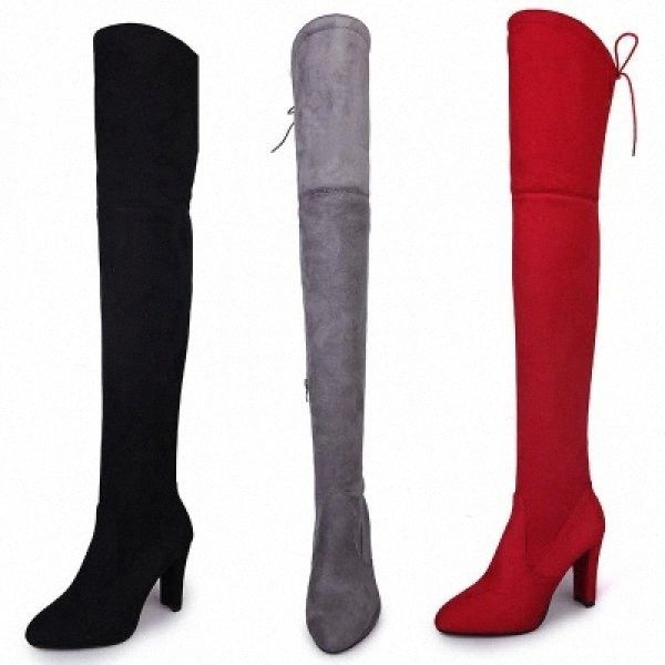 

flock ladies boots pointed toe platform boots women high-heeled 9cm bridal shoes over knee heels waterproof female party shoes #6j3d, Black