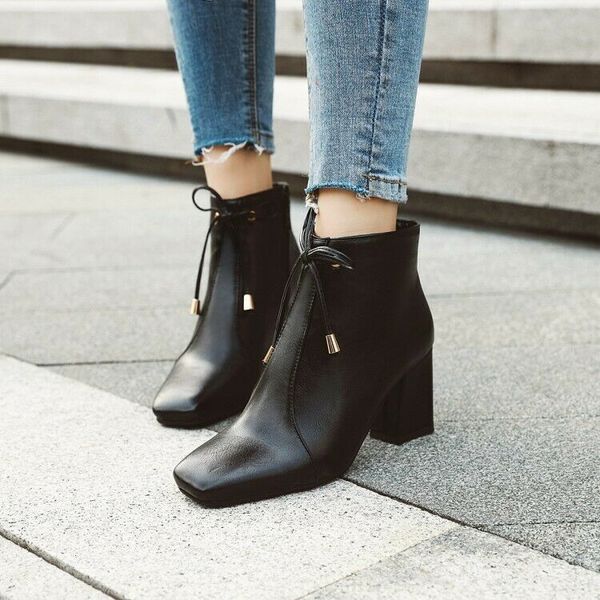 

square toe block heel ladies ankle boots winter booties casual office shoes, Black