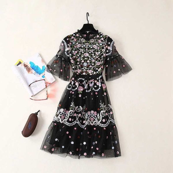 

milan runway dresses 2019 o neck 1/2 sleeve embroidery tulle women's designer dress brand same style dress 062415x, Black