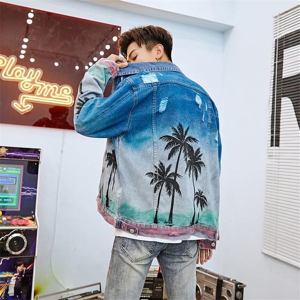 

autumn 2021 new casual coconut tree pattern jeans jacket men1, Black;brown
