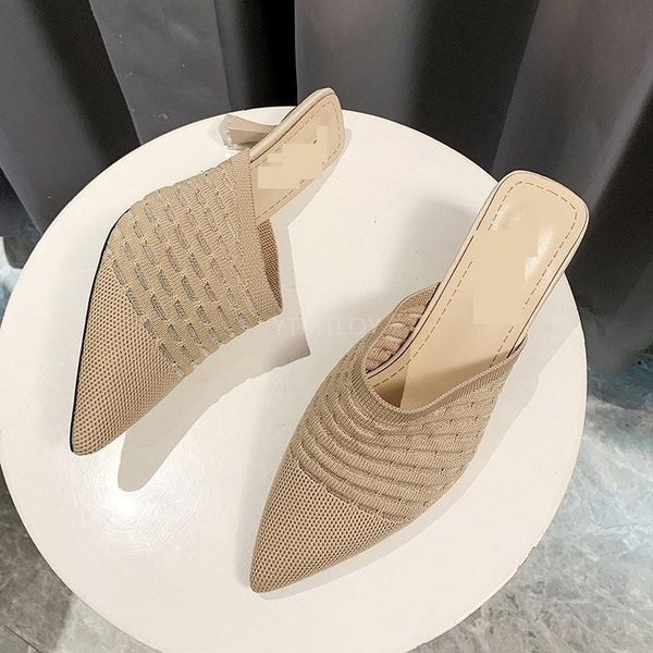 

knit women shoes pointed woven high heels fashion heels mules loafer casual feminine slippers sandalias zapatillas mujer casa, Black