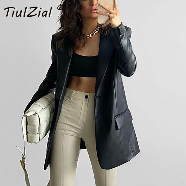 

tiulzial notched black pu faux leather coat women fashion pleather oversized blazers woman single breasted loose blazers ladies1, White;black