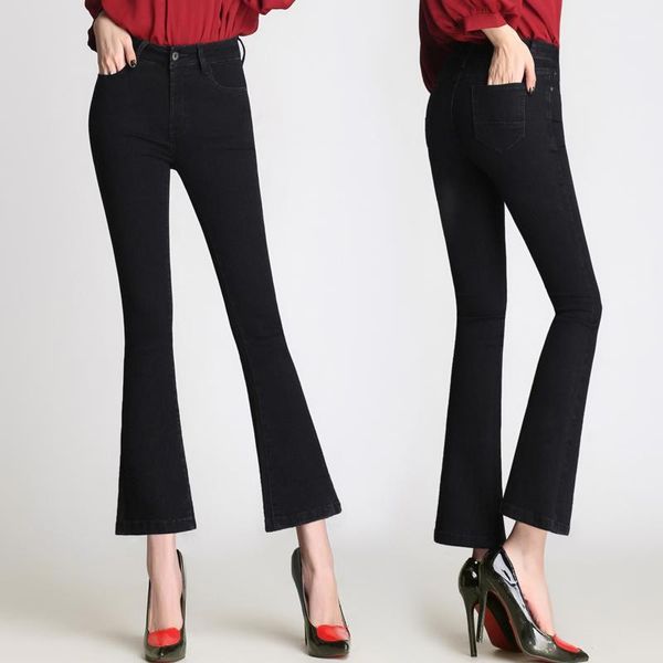 

2020 brand elastic skinny flare pants ankle-length washed soft jeans women lolita style high waist plus size blue black trousers1