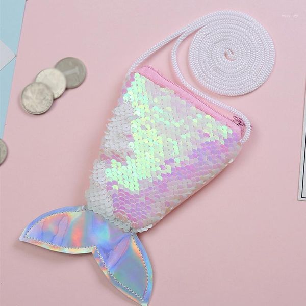 

sequins shoulder fish tail coin purse cute pouch crossbody gift mini wallet girls kids casual zipper1, White