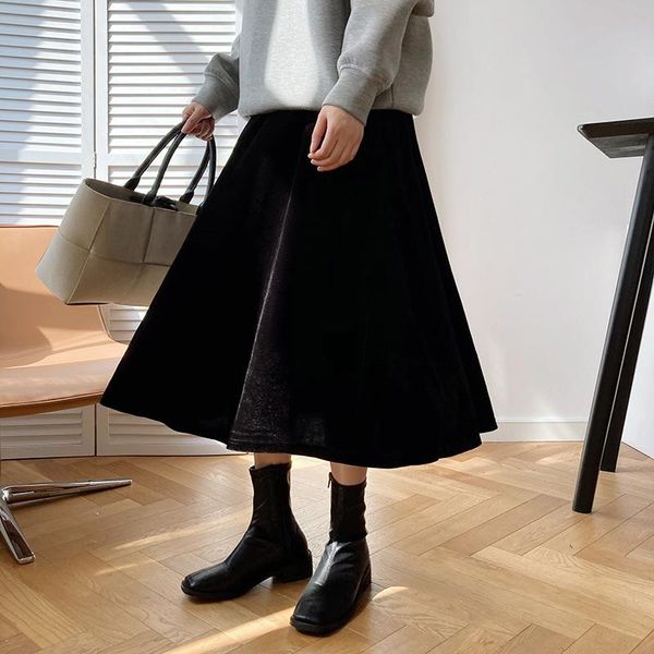 

black velvet a-line skirt autumn and winter light elegant high waist skirt